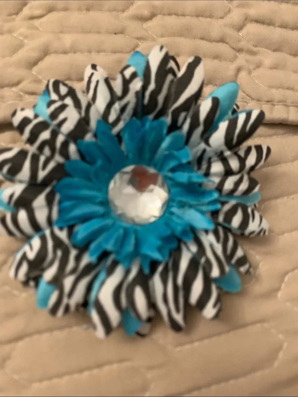 Blue Zebra Floral Hair Clip with Rhinestone Center